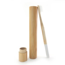Periuta de dinti clasica, maner rotund, culoare alb, model PRB02 + suport cilindric din bambus